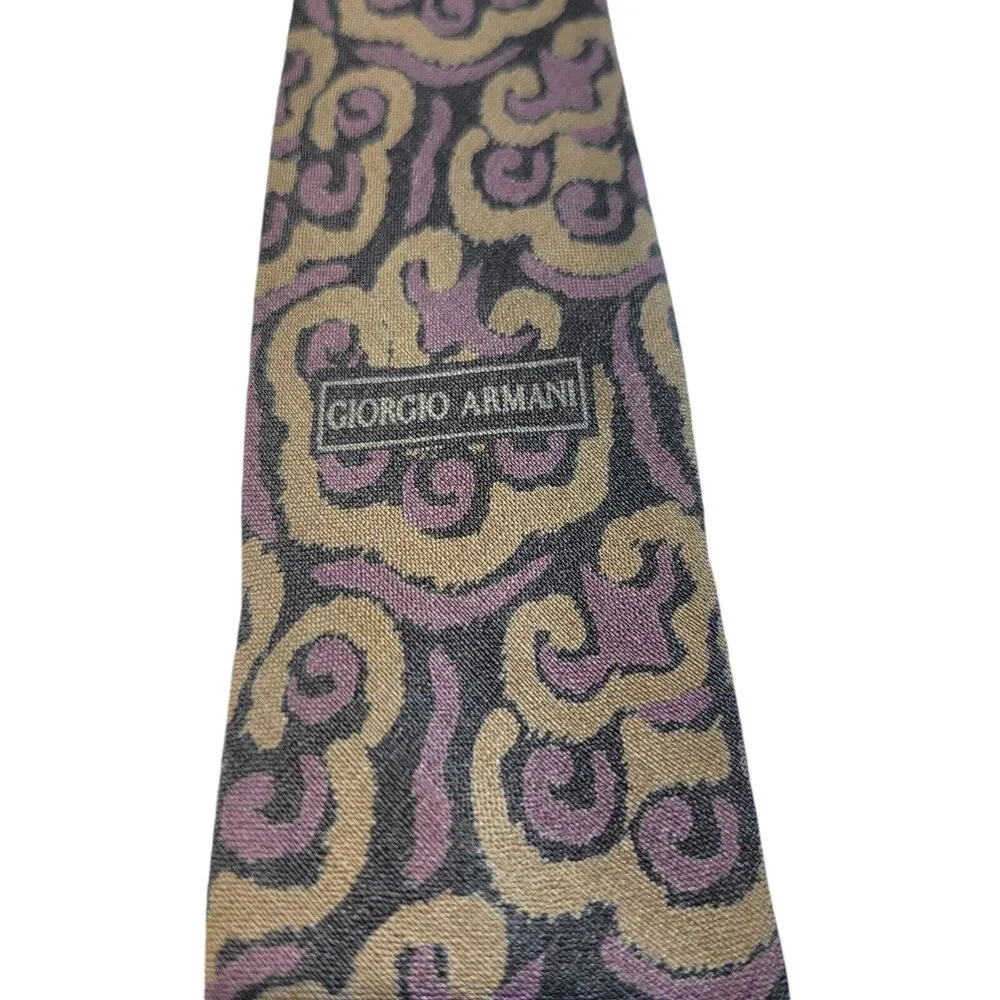 Giorgio Armani‎ Vintage Purple Tan Black Abstract Paisley Necktie Italy 56 1/2
